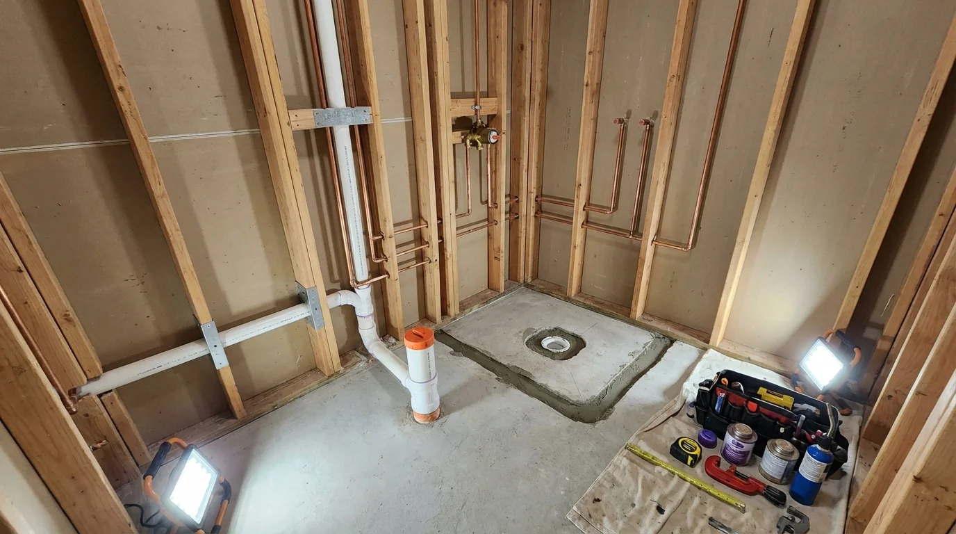 Bathroom rough-in plumbing during remodel by Johns Plumbing LLC in Center