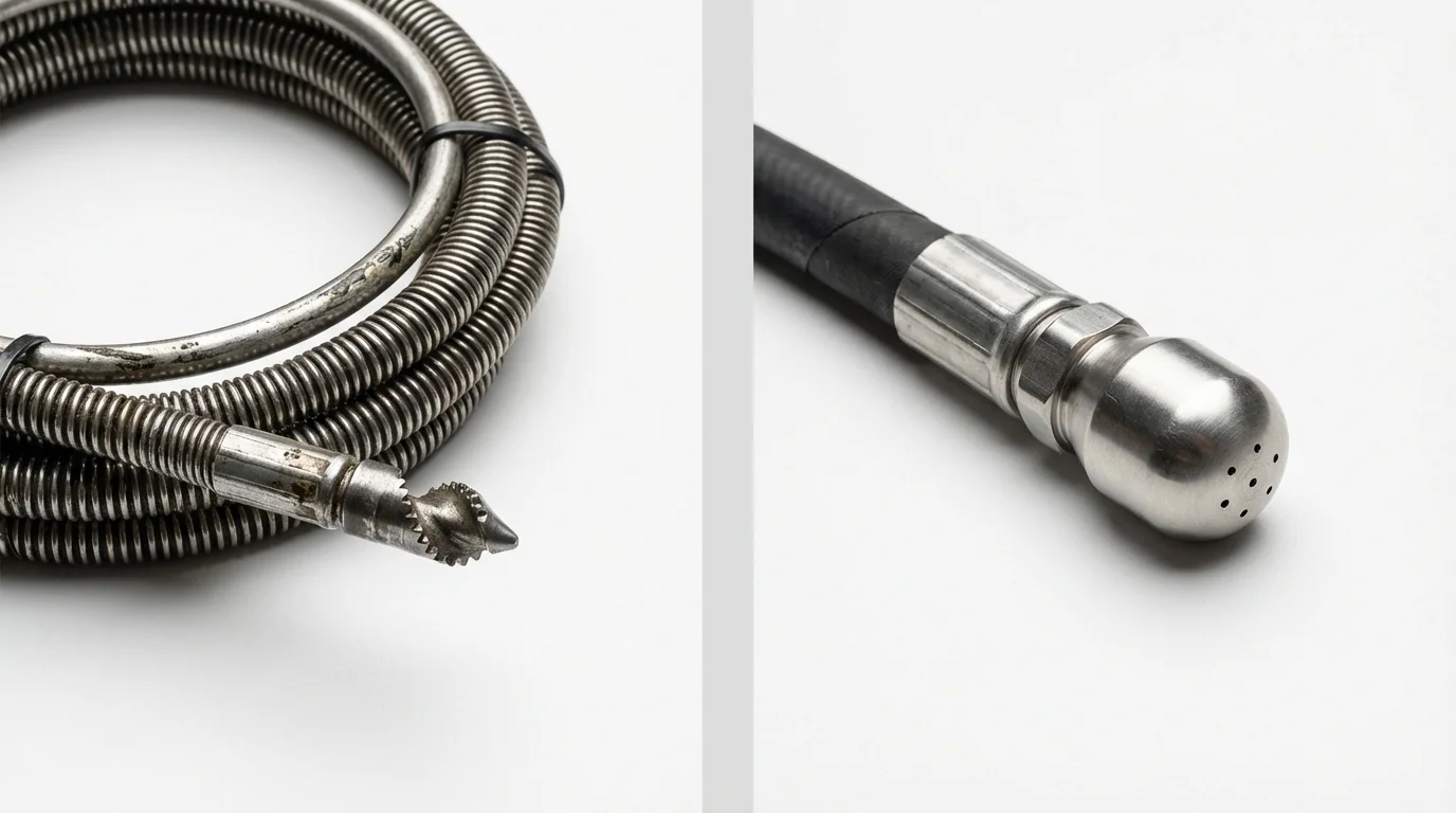 Drain snake cable and hydro jetting nozzle used for drain cleaning in Center, TX