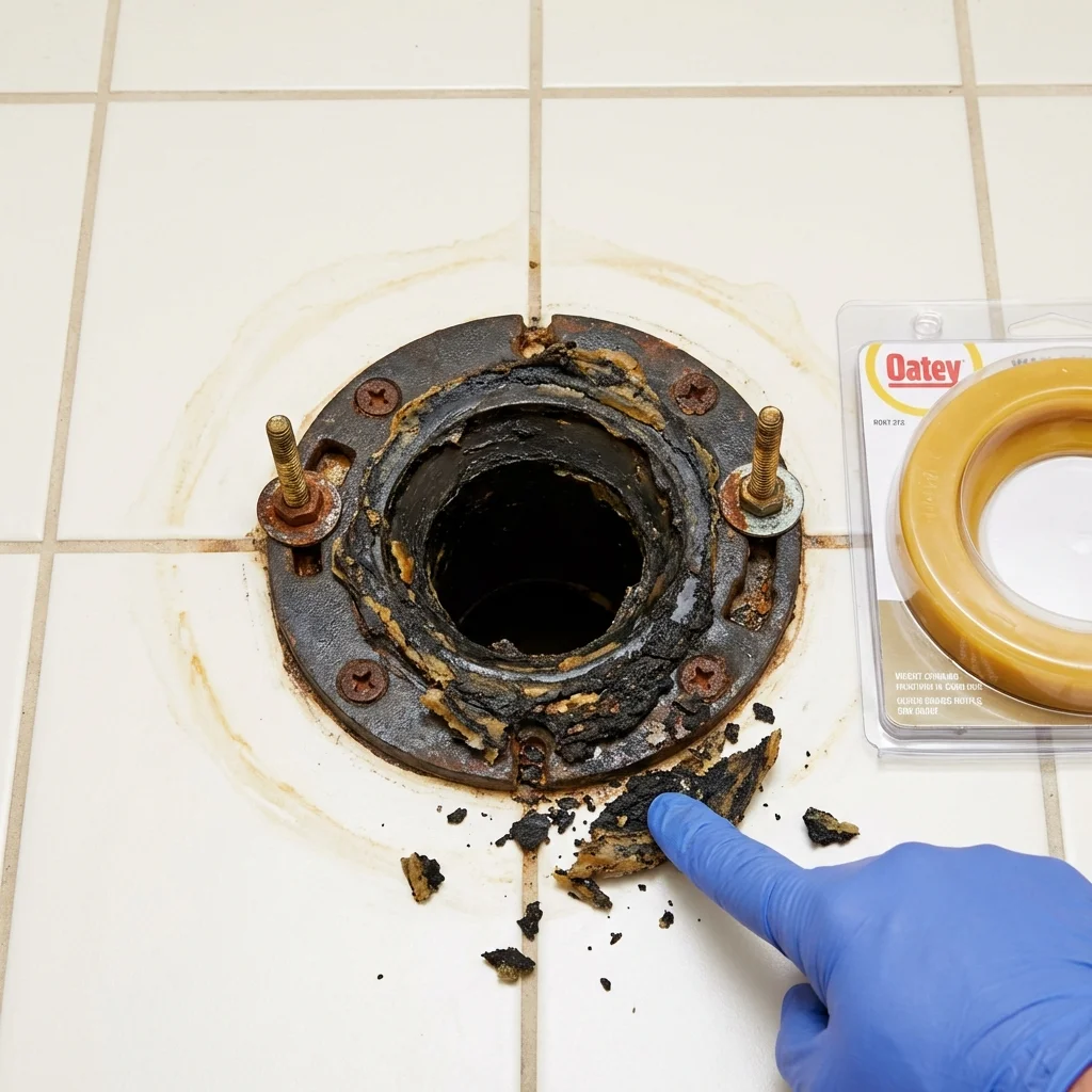 Failed wax ring showing water seepage at the base of a toilet in a Center, TX home