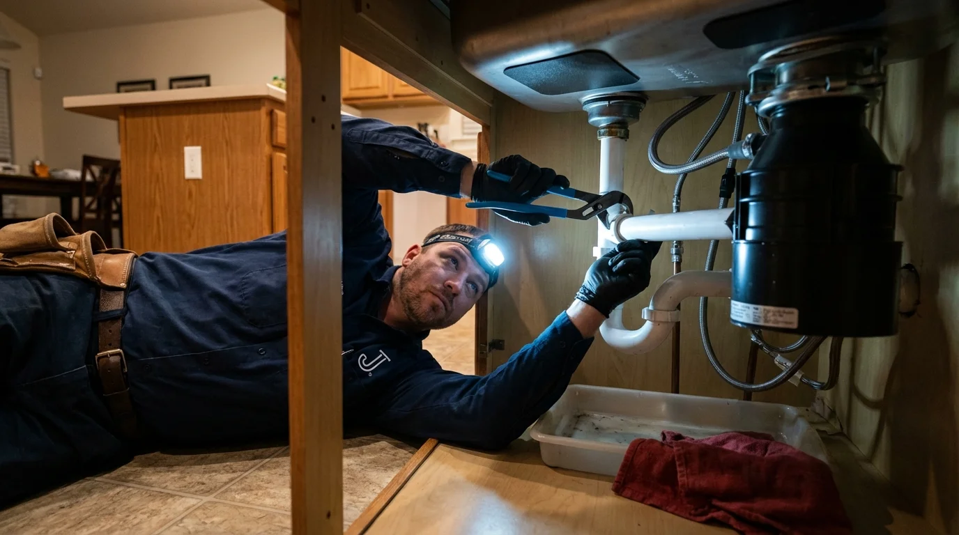 P-trap and supply line connections under a kitchen sink showing a common leak point in Center, TX